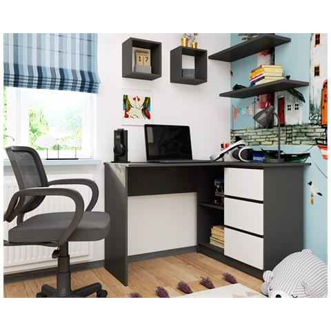 Scrivania ad angolo B16 destro, 3 cassetti, 124x85x77 cm, Colore Grigio Grafite e Bianco - Foto 4
