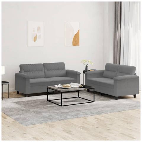 Set Divani 2 Pz Con Cuscini Grigio Scuro In Tessuto Microfibra - Foto 1