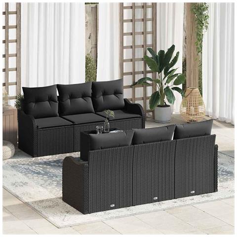 Set di divani da giardino a 7 pezzi con cuscini neri in polyrattan - Foto 2