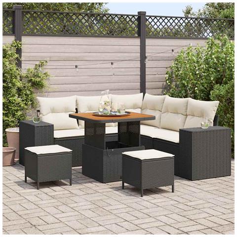 Set di Divano da Giardino  8 Pezzi con Cuscini Rattan Nero Acacia, Set di Pranzo da Giardino  3 Pezzi con Cuscini Rattan Nero Acacia - Foto 2