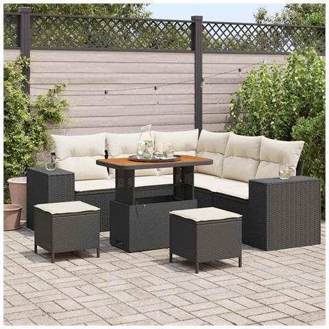 Set Divano Giardino 8 Pezzi con Cuscini Nero Polyrattan Acacia, Set Vendita Giardino 3 Pezzi con Cuscini Nero Polyrattan Acacia - Foto 2