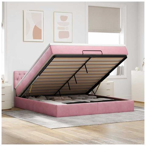 Struttura Letto Pouf con Materasso Rosa 160x200 cm in Velluto - Foto 2