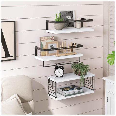 Set 3 + 1 Mensole Da Parete In Legno Bianco Scaffalatura Scaffale Muro Versatile - Foto 2