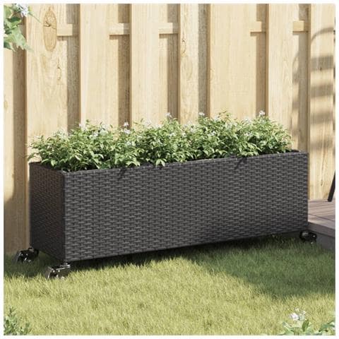Fioriera Con Ruote E 3 Vasi Nera 107x32x38 Cm In Polyrattan - Foto 1