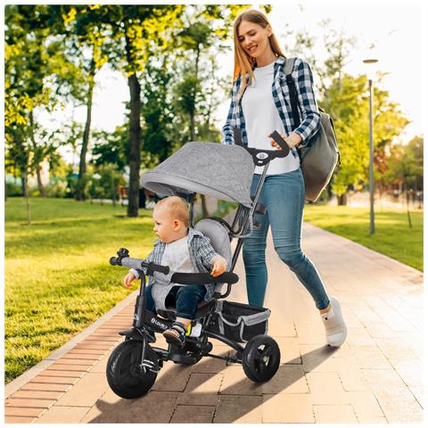 Triciclo Per Bambini Con Maniglione 6 In 1, Tettuccio Regolabile E Cintura Di Sicurezza, Età 1-5 Anni, Grigio - Foto 2