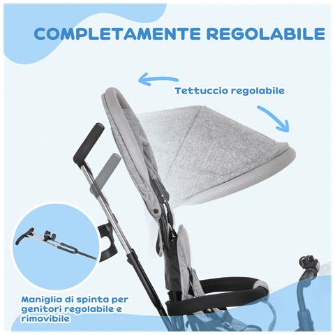 Triciclo Per Bambini Con Maniglione 6 In 1, Tettuccio Regolabile E Cintura Di Sicurezza, Età 1-5 Anni, Grigio - Foto 6