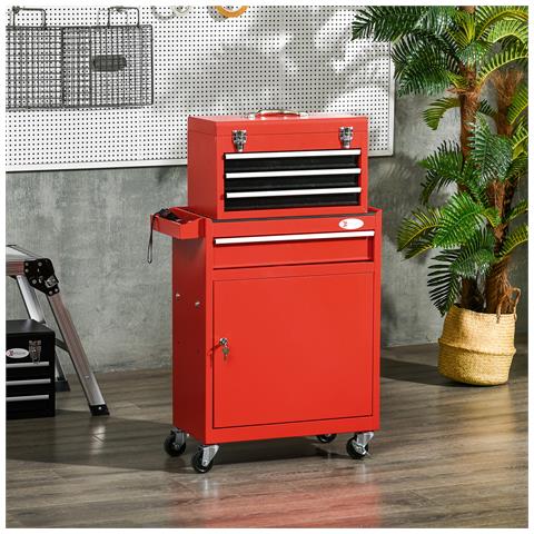 Carrello Porta Attrezzi 2 In 1 Con Cassetta Rimovibile E Armadietto Con Chiave In Acciaio, Rosso - Foto 2