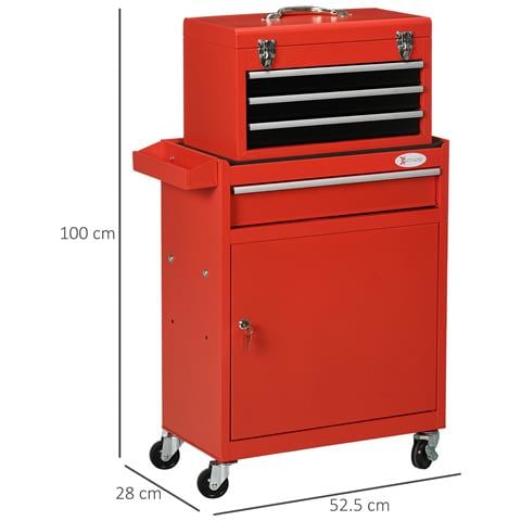 Carrello Porta Attrezzi 2 In 1 Con Cassetta Rimovibile E Armadietto Con Chiave In Acciaio, Rosso - Foto 6
