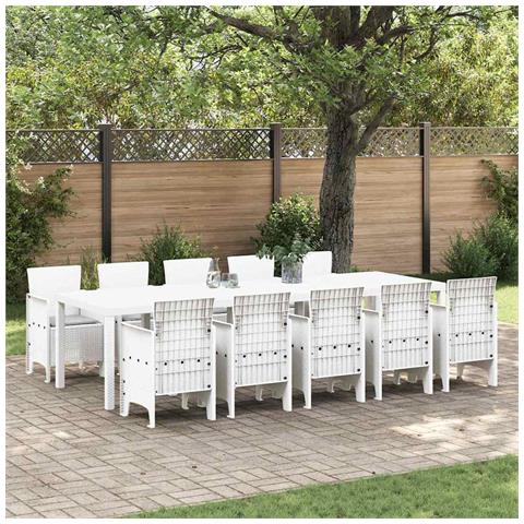 Set da pranzo da giardino  da 11 pezzi con cuscini Bianco Polyrattan, Tavolo da giardino  Bianco 150x100x73 cm Polyrattan, Sedie da giardino  con cuscini 2 pezzi Bianco Polyrattan, Sedie da giardino  con cuscini 4 pezzi Bianco Polyrattan - Foto 2