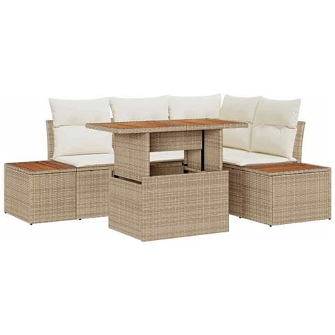 Set da Pranzo Giardino 5 Pezzi con Cuscini Beige in Polyrattan e Acacia - Foto 1