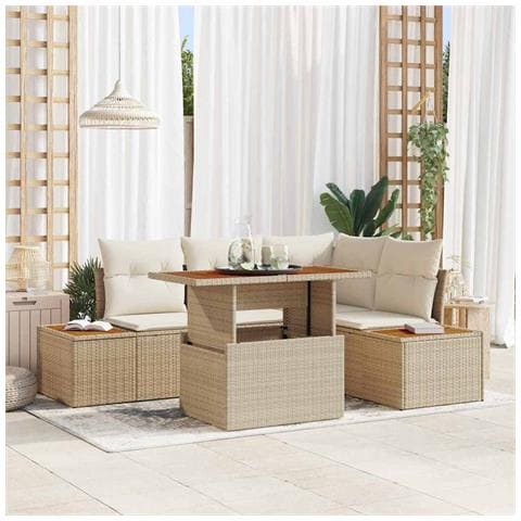 Set da Pranzo Giardino 5 Pezzi con Cuscini Beige in Polyrattan e Acacia - Foto 2