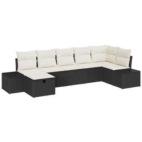 Set di divani da giardino a 7 pezzi con cuscini neri in polyrattan - Foto 1