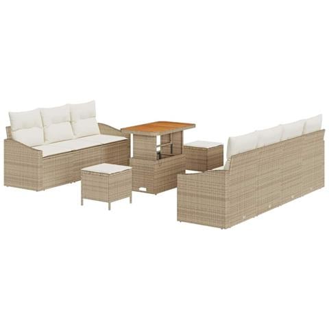 Set Divano da Giardino 10 Pezzi con Cuscini Beige Polyrattan Acacia, Divano da Giardino 2 Posti con Cuscini Beige Polyrattan, Set da Pranzo Giardino 3 Pezzi con Cuscini Beige Polyrattan Acacia - Foto 1