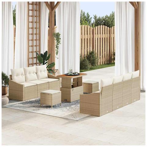 Set Divano da Giardino 10 Pezzi con Cuscini Beige Polyrattan Acacia, Divano da Giardino 2 Posti con Cuscini Beige Polyrattan, Set da Pranzo Giardino 3 Pezzi con Cuscini Beige Polyrattan Acacia - Foto 2
