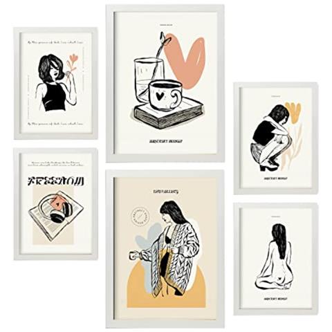 Set Di 6 Stampe Stampe Artistiche D'amore In Inchiostro Nero In Stile Schizzo Per L'interior Design A3 & A4 Cornice Bianca - Foto 1