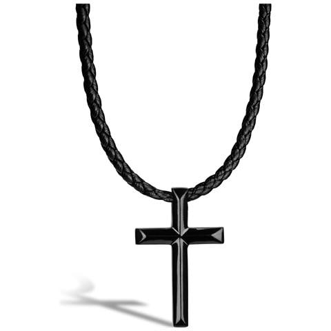 Collana da Uomo in Vera Pelle, ""Cross"", 50cm, Nero - Foto 1