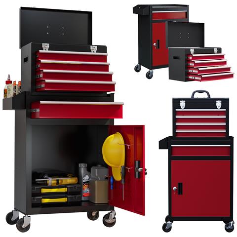 Carrello Porta Attrezzi 5 Cassetti, Cassetta Rimovibile E Armadietto Con Chiave In Acciaio, Rosso - Foto 1