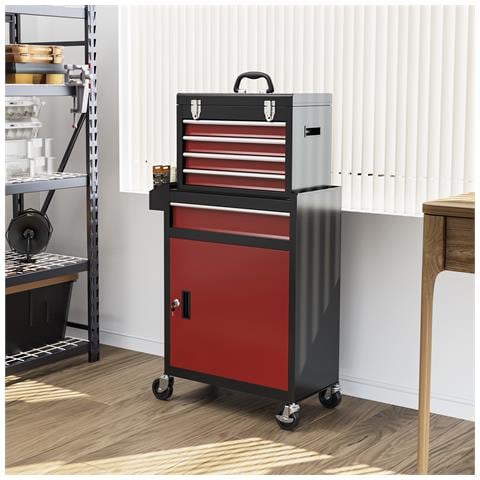 Carrello Porta Attrezzi 5 Cassetti, Cassetta Rimovibile E Armadietto Con Chiave In Acciaio, Rosso - Foto 2