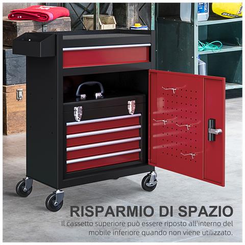 Carrello Porta Attrezzi 5 Cassetti, Cassetta Rimovibile E Armadietto Con Chiave In Acciaio, Rosso - Foto 6