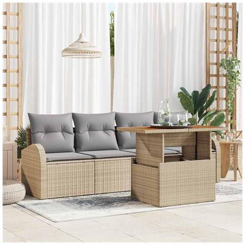 Set da Pranzo Giardino 5 Pezzi con Cuscini Beige Polyrattan Acacia - Foto 2
