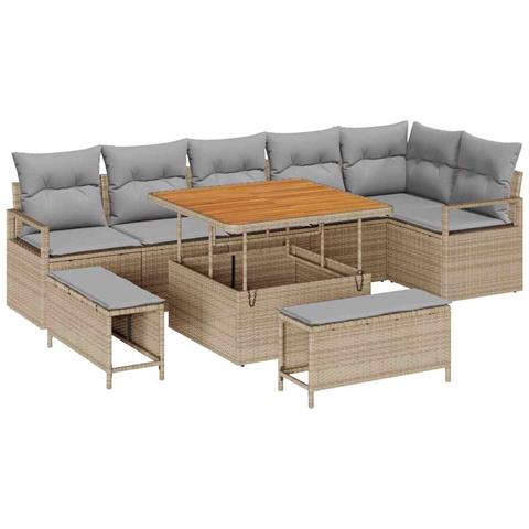 Set di Divano da Giardino  9 Pezzi con Cuscini Beige Polyrattan Acacia, Divano da Giardino 2 Posti  con Cuscini Beige Polyrattan, Set di Pranzo da Giardino 3 Pezzi con Cuscini Beige Polyrattan Acacia - Foto 1