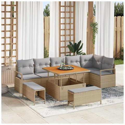 Set di Divano da Giardino  9 Pezzi con Cuscini Beige Polyrattan Acacia, Divano da Giardino 2 Posti  con Cuscini Beige Polyrattan, Set di Pranzo da Giardino 3 Pezzi con Cuscini Beige Polyrattan Acacia - Foto 2
