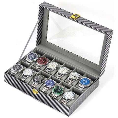 Scatola Porta Orologi Con 12 Scomparti E Perle D'acciaio - Custodia In Mdf Argento Con Vetro Trasparente E Pelle Superfibra Resistente A Polvere E Acqua - Foto 1