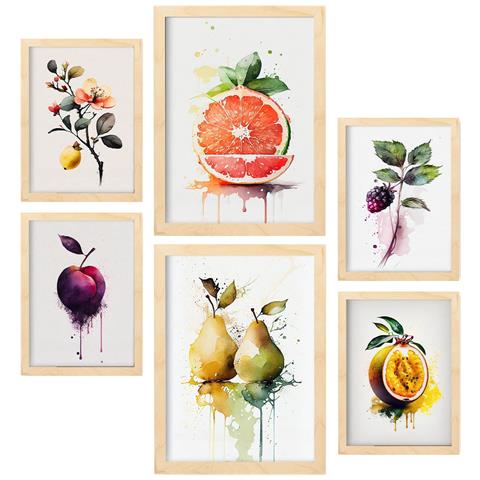 Set Di 6 Stampe Poster Di Frutta Succosa, Verdura E Cibo Sano In Acquerello Su Bianco Puro A3 & A4 Telaio In Legno Chiaro - Foto 1