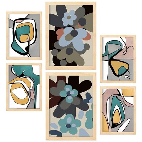 Set Di 6 Stampe Hodgepodge Flower In Flower Dipinti Decorativi Estetici Astratti Per Il Tuo Soggiorno Di Casa A3 & A4 Telaio In Legno Chiaro - Foto 1