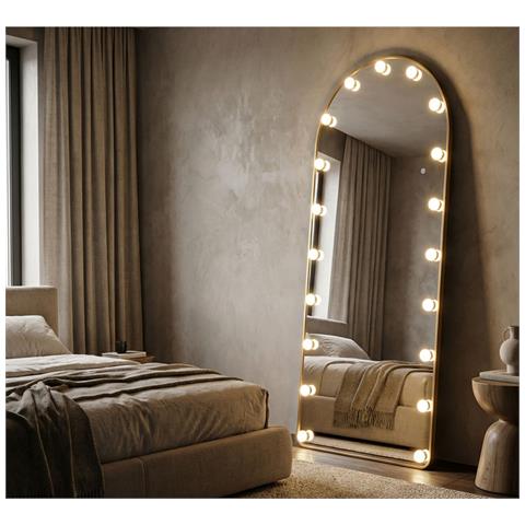 Specchio Da Terra Hollywood Ad Arco Con Cornice Oro E Luci Led 77x176 Cm - Foto 8