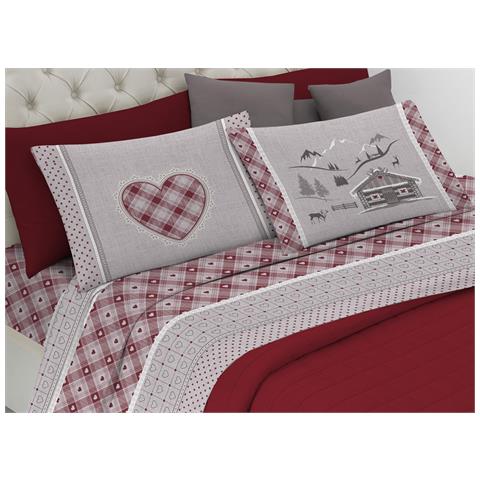 Completo Lenzuola Flanella Pensieri Delicati 100% Cotone Disegno Chalet Matrimoniale Rosso - Foto 1
