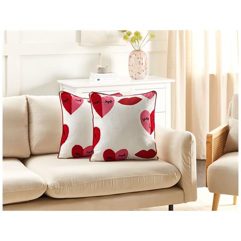 Set Di 2 Cuscini Periwinkle Cotone 45 X 45 Cm Bianco Trama A Cuore - Foto 1