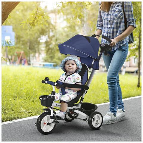 Triciclo Passeggino Per Bambini Con Maniglione, Parasole Regolabile E Cintura Di Sicurezza, Blu Scuro - Foto 2