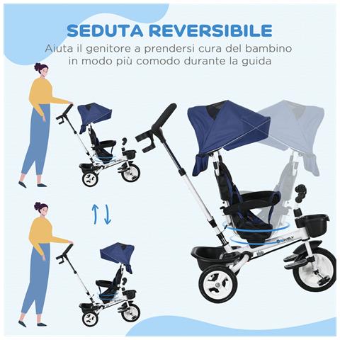 Triciclo Passeggino Per Bambini Con Maniglione, Parasole Regolabile E Cintura Di Sicurezza, Blu Scuro - Foto 6