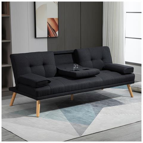 Divano Letto 3 Posti Reclinabile con Rivestimento Effetto Lino e Tavolino a Ribalta, Grigio - Foto 6