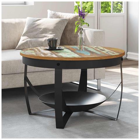 Tavolino Da Salotto Ø68x43 Cm In Legno Massello Di Recupero - Foto 9