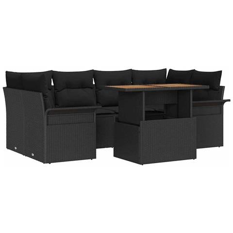 Set di Divani da Giardino a 7 Pezzi con Cuscini Nero in Rattan Polietilene Acacia - Foto 1