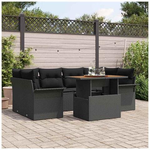 Set di Divani da Giardino a 7 Pezzi con Cuscini Nero in Rattan Polietilene Acacia - Foto 2
