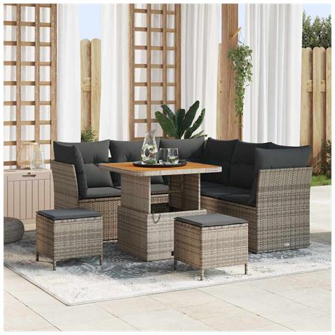 Set Divano da Giardino 8 Pezzi con Cuscini Grigio Polyrattan Acacia, Set da Pranzo da Giardino 3 Pezzi con Cuscini Grigio Polyrattan Acacia - Foto 2