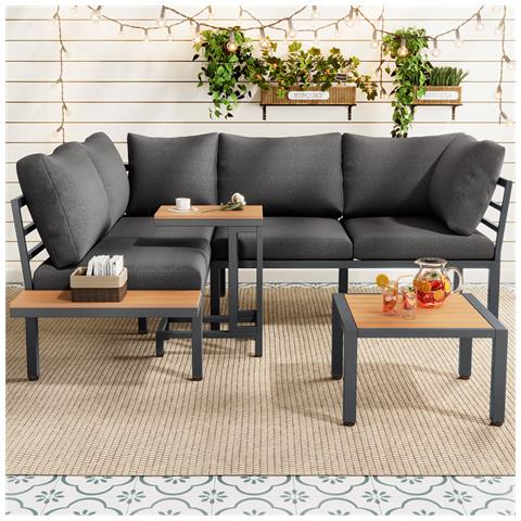 Set Di Mobili Da Giardino, Divano + Tavolino + Tavolino, Tubo D'acciaio Zincato, Piano D'appoggio In Legno Di Plastica, Grigio+nero - Foto 2