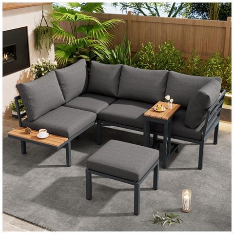 Set Di Mobili Da Giardino, Divano + Tavolino + Tavolino, Tubo D'acciaio Zincato, Piano D'appoggio In Legno Di Plastica, Grigio+nero - Foto 1