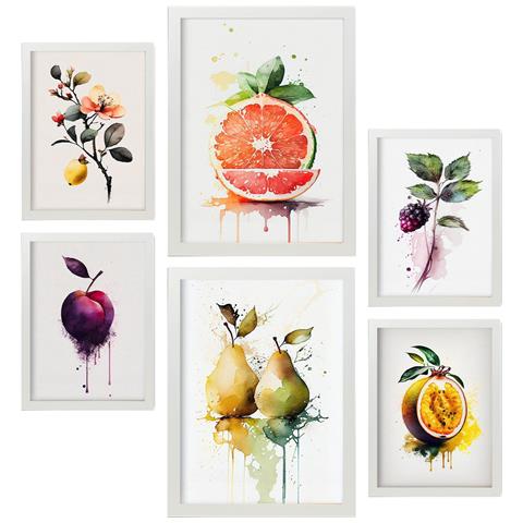 Set Di 6 Stampe Poster Di Frutta Succosa, Verdura E Cibo Sano In Acquerelli Su Sfondi Bianchi Puri A3 & A4 Cornice Bianca - Foto 1