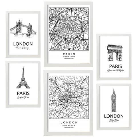 Set Di 6 Stampe Da Parigi E Londra Collezione Di Pannelli Con Collage Estetico Per La Decorazione D'interni A3 & A4 Cornice Bianca - Foto 1