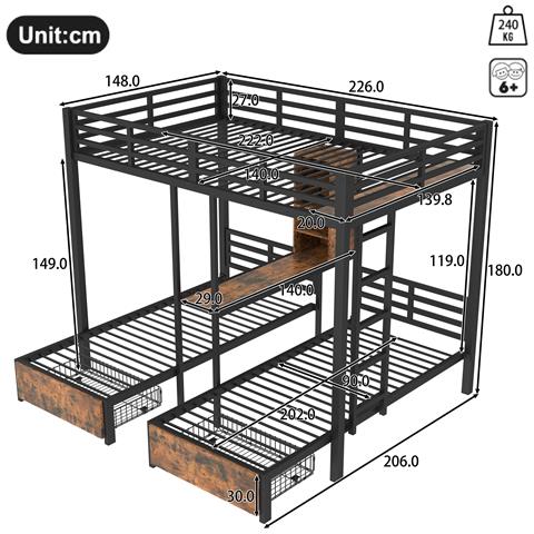 Letto A Castello Triplo In Ferro E Mdf Con Cassetti E Scomparti - Foto 2