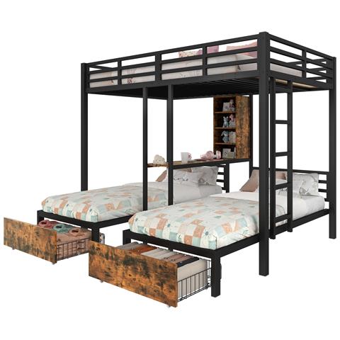 Letto A Castello Triplo In Ferro E Mdf Con Cassetti E Scomparti - Foto 1