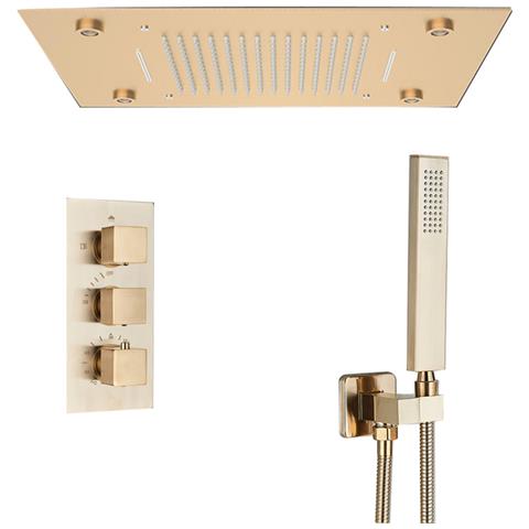 Set miscelatore doccia, Blackswan, tipo M191, modello oro opaco, con 2 vie e soffione doccia a 2 modalità, termostato, telecomando e illuminazione a LED, misura 50 cm - Foto 1