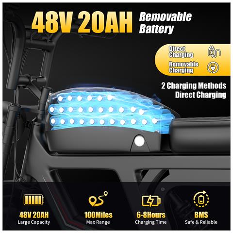 Bicicletta Elettrica T20 - Ruote 20''x4.0'' Fat, Batteria 48v20ah, Autonomia 60-90km, Doppia Sospensione, Lcd, 7 Marce - Foto 2