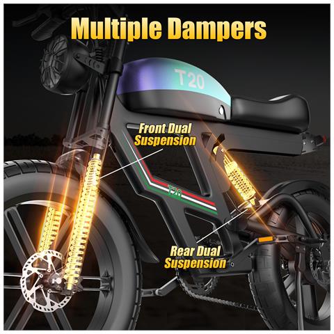 Bicicletta Elettrica T20 - Ruote 20''x4.0'' Fat, Batteria 48v20ah, Autonomia 60-90km, Doppia Sospensione, Lcd, 7 Marce - Foto 8