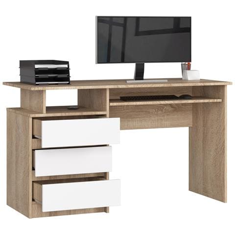 Scrivania CLP, 3 cassetti, 135x60x77 cm, Colore Sonoma Quercia e Bianco - Foto 2