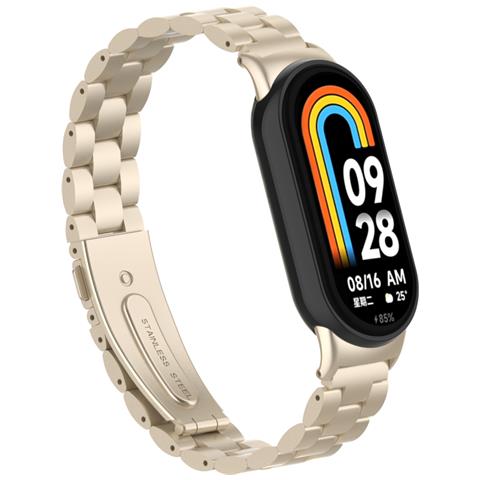 Cinturino In Acciaio Inossidabile Solido A Tre Perle Compatibile Con Xiaomi Mi Band 9, Colore Avorio, Design Elegante E Resistente Gold - Foto 1